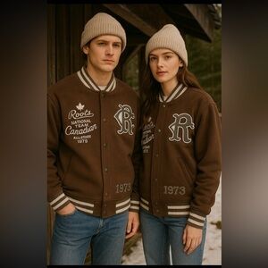 🇨🇦 Vintage Roots Brown Varsity Bomber Jacket with Embroidered Details